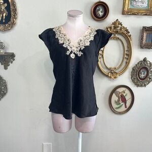 Oscar de la Renta Pink Label Black Satin Lace V-Neck Top - Size Medium - #93